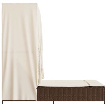 Двоен шезлонг с покрив и завеси кафяв полиратан