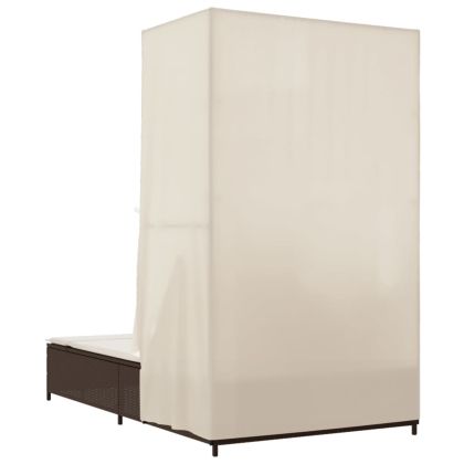 Двоен шезлонг с покрив и завеси кафяв полиратан