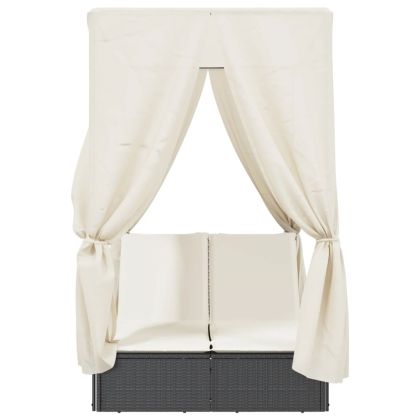 Двоен шезлонг с покрив и завеси черен полиратан
