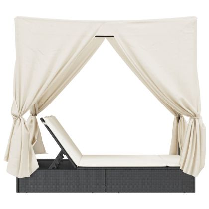 Двоен шезлонг с покрив и завеси черен полиратан
