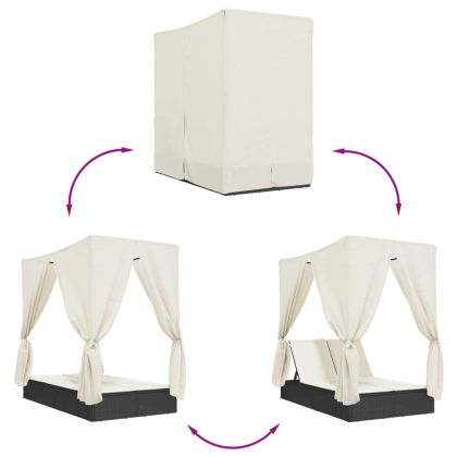 Двоен шезлонг с покрив и завеси черен полиратан