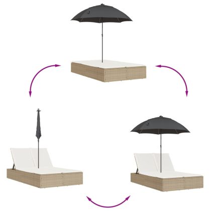 Двоен шезлонг с възглавници и чадър, бежов, полиратан