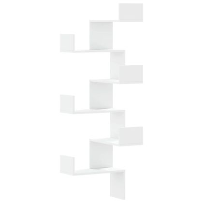 Стенен ъглов рафт, бял, 45x45x147 см, инженерно дърво