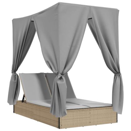 Двоен шезлонг с покрив и завеси бежов полиратан