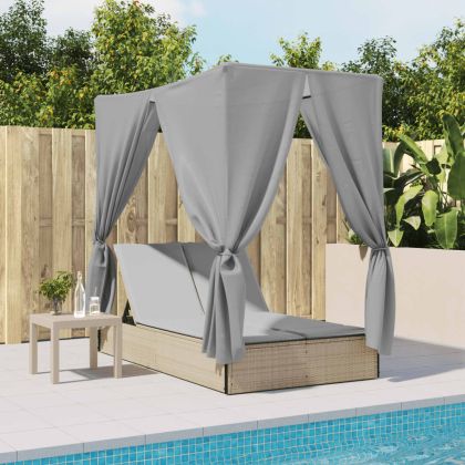 Двоен шезлонг с покрив и завеси бежов полиратан
