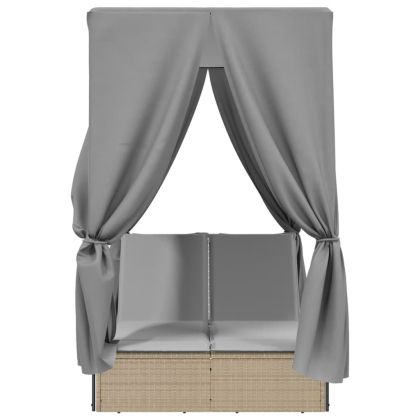 Двоен шезлонг с покрив и завеси бежов полиратан