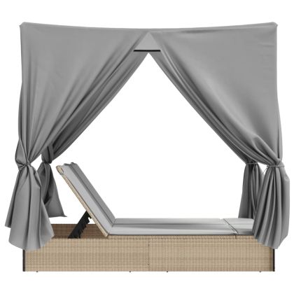 Двоен шезлонг с покрив и завеси бежов полиратан