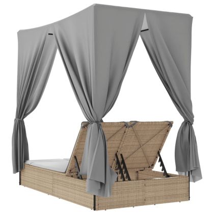 Двоен шезлонг с покрив и завеси бежов полиратан