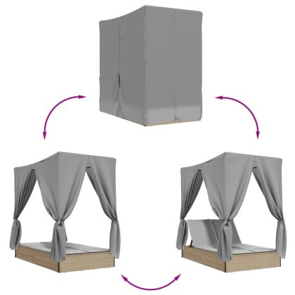 Двоен шезлонг с покрив и завеси бежов полиратан