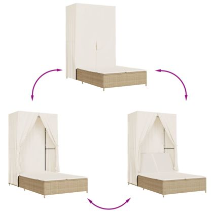 Двоен шезлонг с покрив и завеси бежов полиратан