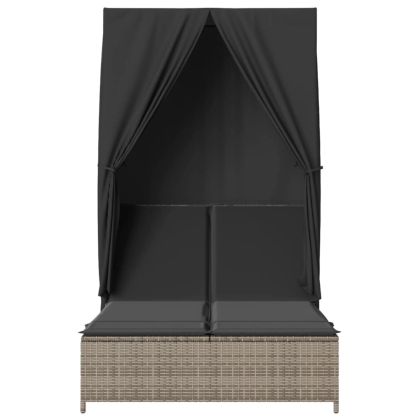 Двоен шезлонг с покрив и завеси сив полиратан