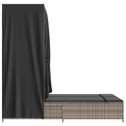 Двоен шезлонг с покрив и завеси сив полиратан