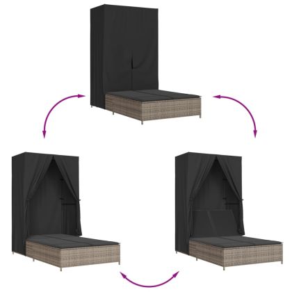 Двоен шезлонг с покрив и завеси сив полиратан