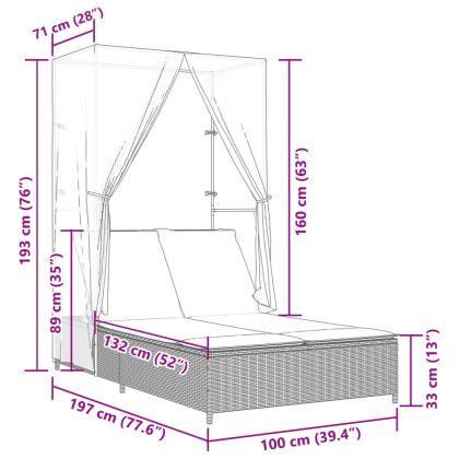 Двоен шезлонг с покрив и завеси сив полиратан