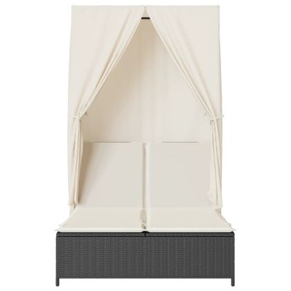 Двоен шезлонг с покрив и завеси черен полиратан