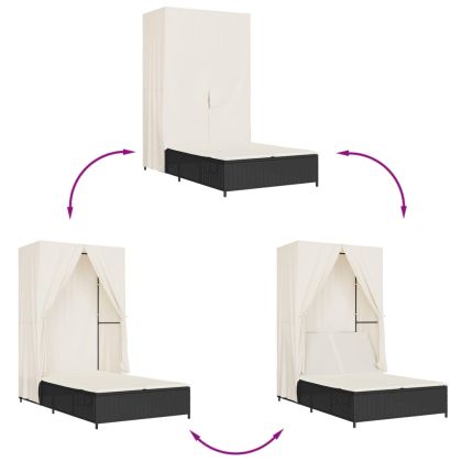 Двоен шезлонг с покрив и завеси черен полиратан