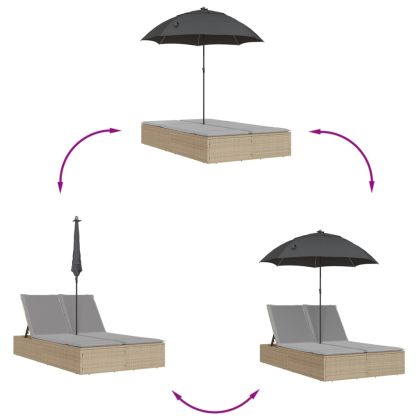 Двоен шезлонг с възглавници и чадър, бежов, полиратан