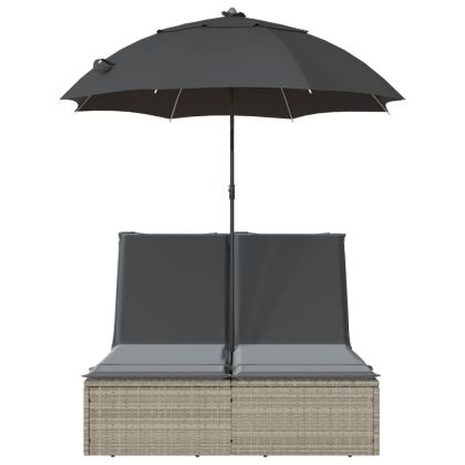 Двоен шезлонг с възглавници и чадър, светлосив, полиратан