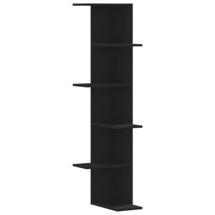 Стенен ъглов рафт, черен, 36,5x36,5x140 см, инженерно дърво