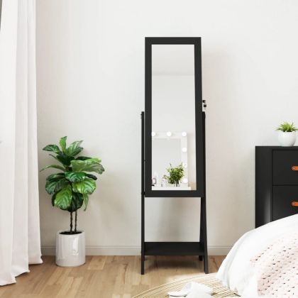 Огледален шкаф за бижута с LED осветление, свободностоящ, черен