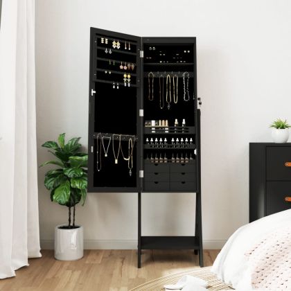 Огледален шкаф за бижута с LED осветление, свободностоящ, черен