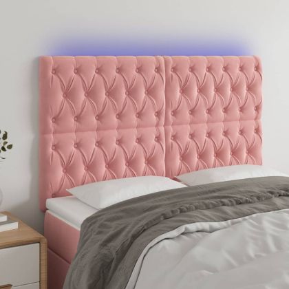 LED горна табла за легло, розова, 160x7x118/128 см, кадифе