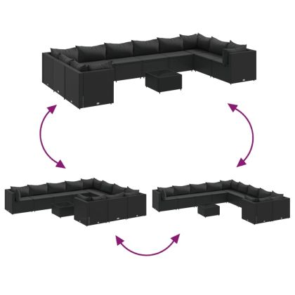 Градински комплект диван с възглавници 11 части черен полиратан