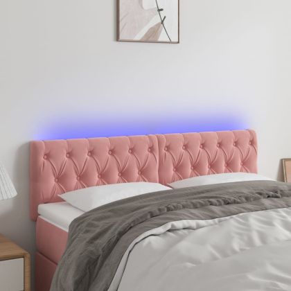 LED горна табла за легло, розова, 144x7x78/88 см, кадифе