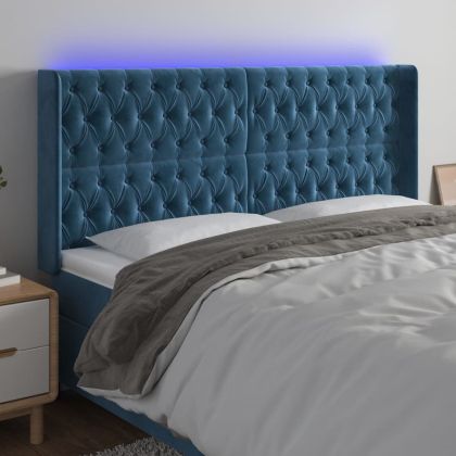 LED горна табла за легло, тъмносиня, 183x16x118/128 см, кадифе