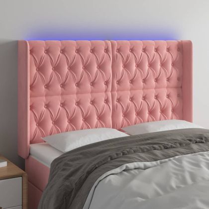 LED горна табла за легло, розова, 163x16x118/128 см, кадифе