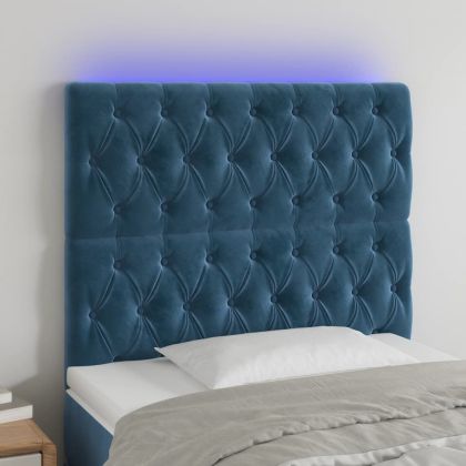 LED горна табла за легло, тъмносиня,90x7x118/128 см, кадифе