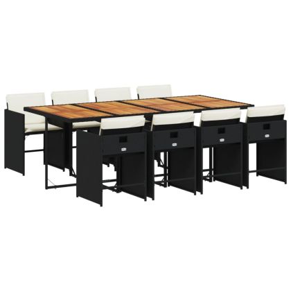 Градински трапезен комплект възглавници 9 части черен полиратан