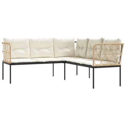 Градински диван с възглавници ъглов черен стомана и текстилен