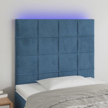 LED горна табла за легло, тъмносиня,90x5x118/128 см, кадифе