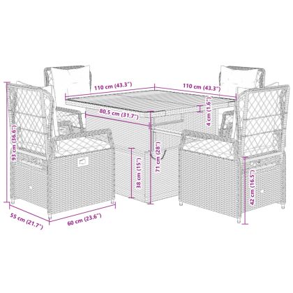 Градински трапезен комплект 5 части с възглавници сив полиратан