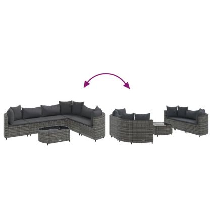 Градински диван с възглавници, 7 части, полиратан, сив