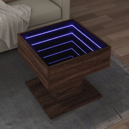 Маса за кафе с LED, кафяв дъб, 50x50x45 см, инженерно дърво