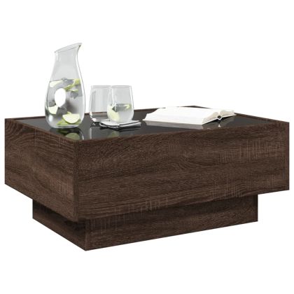 Маса за кафе с LED, кафяв дъб, 70x50x30 см, инженерно дърво