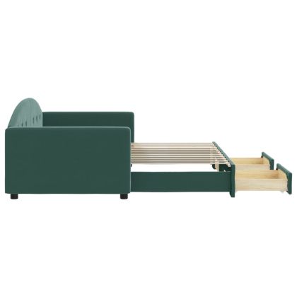 Канапе изтеглящо легло и чекмеджета тъмнозелен 90x200 см кадифе