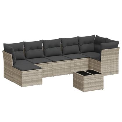 Градински комплект с възглавници, 8 части, светлосив полиратан