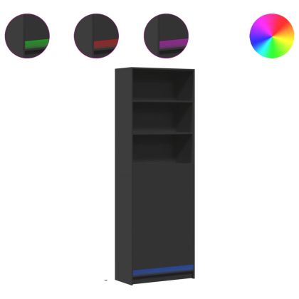 Висок шкаф с LED, черен, 69x32,5x200 см, инженерно дърво
