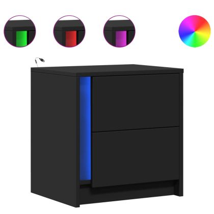 Нощни шкафчета с LED, 2 бр, черно, инженерна дървесина