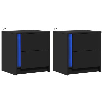 Нощни шкафчета с LED, 2 бр, черно, инженерна дървесина