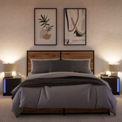 Нощни шкафчета с LED, 2 бр, черно, инженерна дървесина