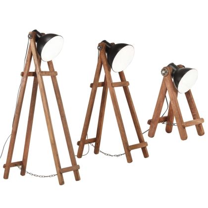 Подови лампи, 3 бр, черни, E27, мангово дърво масив