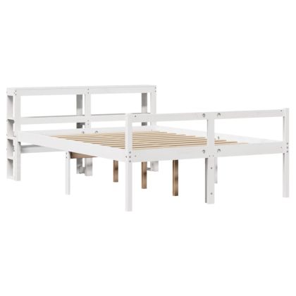 Легло за възрастни с табла, бял, 150x200 см, борово дърво масив