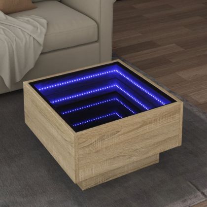 Маса за кафе с LED, сонома дъб, 50x50x30 см, инженерно дърво