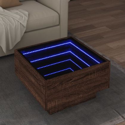 Маса за кафе с LED, кафяв дъб, 50x50x30 см, инженерно дърво