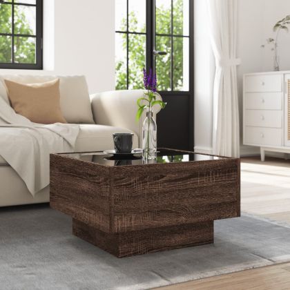 Маса за кафе с LED, кафяв дъб, 50x50x30 см, инженерно дърво