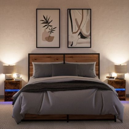 Нощни шкафчета с LED, 2 бр, Опушен дъб, инженерно дърво